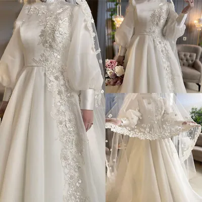 White Chiffon Wedding Dresses Long Sleeves Lace Appliques Muslim Bridal Gowns • $127.87