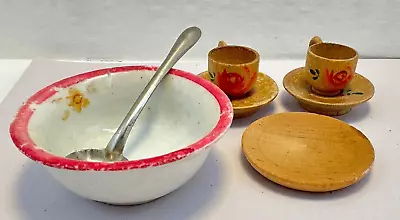 VTG Dollhouse Miniature Porcelain Bowl Metal Mixing Spoon Wood Cups Dishes 1:6 • $15