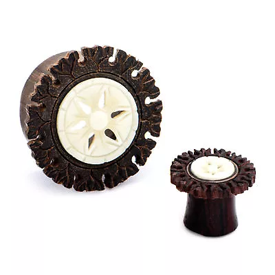 PAIR-Wood Narra W/Bone Flower Saddle Flare Ear Tunnels 10mm/00 Gauge Body Jewel • $12.99