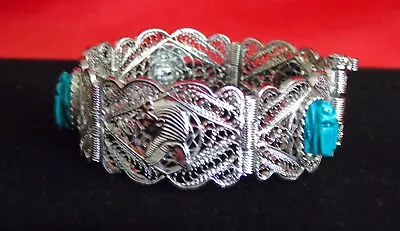 Vintage Egyptian Silver Bracelet Turquoise W/repousse Egyptian Images 7 1/2  • $24.99