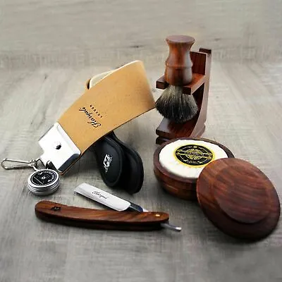 Vintage Barber Shop Wooden Shaving Kit With Leather Strop And Strap Paste • $117.36