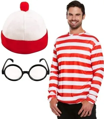 Mens Where's Wally Fancy Dress Shirt Hat Glasses Stag Do Party Book Week Costume • £13.90