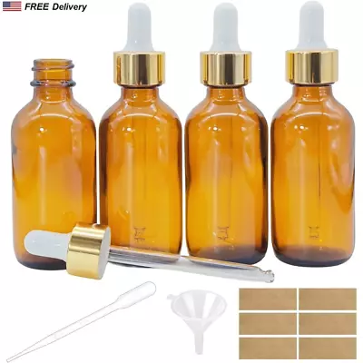 Dropper Bottles 2 Oz 4 Pack Thick Amber Glass Funnel Labels Essential Oils Jars • $9.82