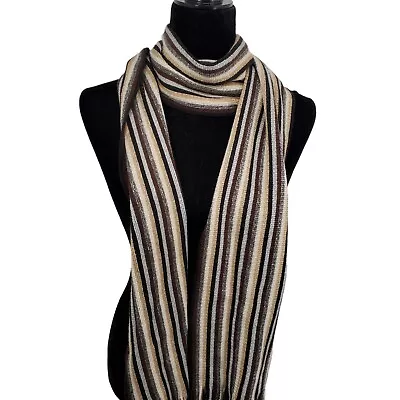 Cejon Knit Scarf Neutral Gray Tan Silver Striped Fringed 8x80  Long • $6.99