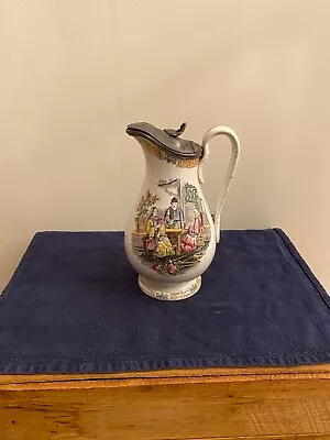 $48 • Buy Antique Staffordshire Transferware Pottery Pitcher With Pewter Lid Late 1800's