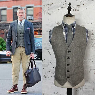 Mens Vintage Tweed Herringbone Waistcoat Single-breasted V-neck Wool Blend Vest • $51.29