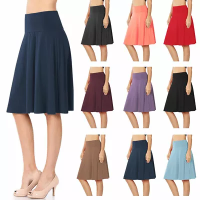 Womens High Waist Fold Over Knit A-Line Flared Midi Swing Skirt • $21.95