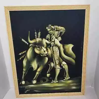 Vintage Velvet Spanish Matador Bull Fighter Framed Oil Painting Signed FR Green • $49.74