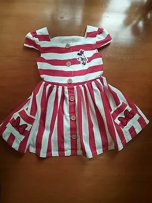 Disney Parks Minnie Mouse Dress Fit Flare Red White Stripe Cotton Girls 3 • $12