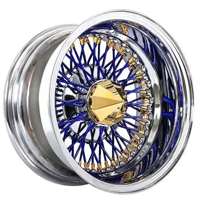13 14  La Wire Wheels Reverse 72-spoke Cross Lace Blue Spoke/gold/chrome (w80) • $2399