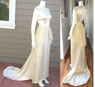 Vintage 1930s Ivory Liquid Silk Bias Cut Wedding Dress W/Train Gown GORGEOUS XS • $175