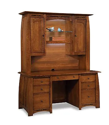 Amish Mission Arts & Crafts Executive Computer Desk Hutch Solid Wood Inlays 65 W • $5399