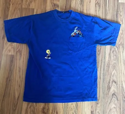 Vtg Bugs Bunny Daffy Duck Tweety Looney Tunes Embroidered Pocket T-shirt M Blue • $11.75