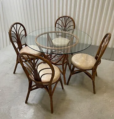 Vintage Tiki Palm Beach Boho Chic Bamboo Rattan Dining Room Table & Four Chairs • $1364