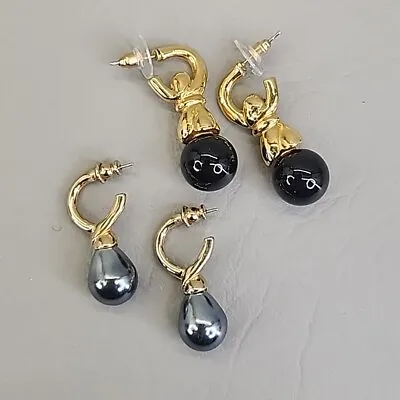 Marvella Pierced Earrings Vtg Drop Lot Of 2 Gray Black Bead Gold Tone • $20
