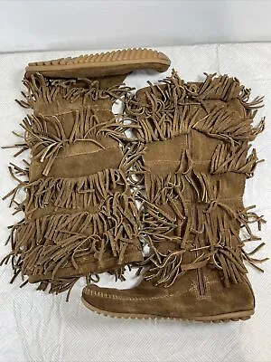 Minnetonka Womens 5 Layer Moccasin Boots Brown Leather Fringe 1658 Zip 9 M • $22.06