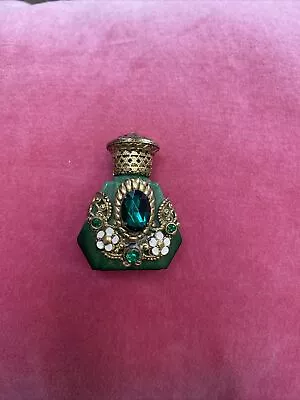 Vintage Miniature Glass Perfume Bottle Ornate Brass Filigree Jeweled With Dauber • $38