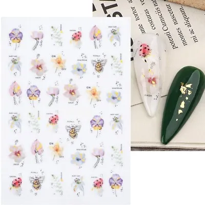 Nail Art Stickers Decals Transfers Spring Summer Flowers Floral Ladybird (SJ47) • £1.85