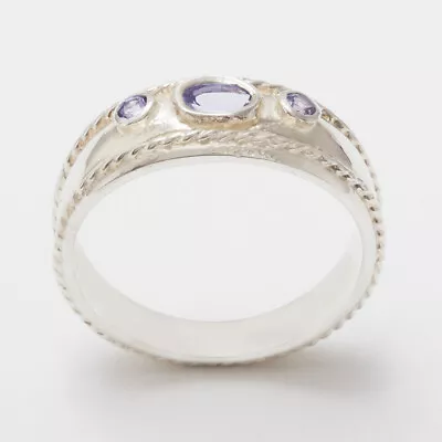 Solid 14ct White Gold Natural Tanzanite Womens Trilogy Ring - Sizes J To Z • £969