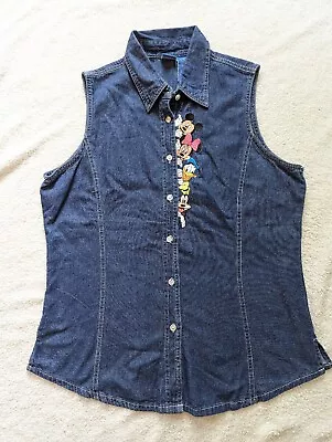 Vintage 90s Mickey Mouse Womens Denim Embroidered Vest Sz LARGE Disney Mom • $16.20