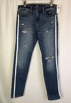 Hollister Skinny Jeans Distressed Mid Blue Wash Denim Side Stripe 31W 31L L720 • £20