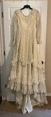 Vintage Full Lace Prairie Bridal Wedding Dress Boho Ivory Gown • $125