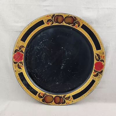 VTG Hand-Painted Tole Round Black Metal Tray Floral Fruit French Folk Art Boho • $25