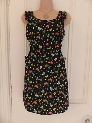 Yumi Size S Really Cute Black Silky Dress Butterfly Floral Pattern In Pink Green • £10.99