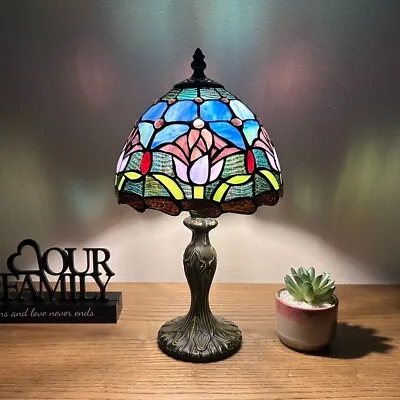 Tiffany Style Mini Table Lamp Blue Stained Glass Tulips LED Bulb Included H14” • $89.99