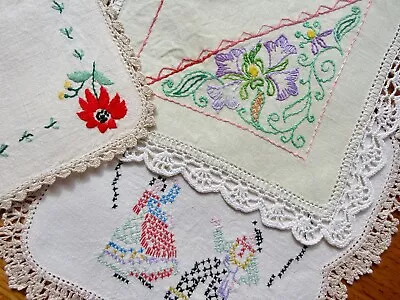 Three Vintage Embroidered/Crochet Edged DOILIES • $1.94