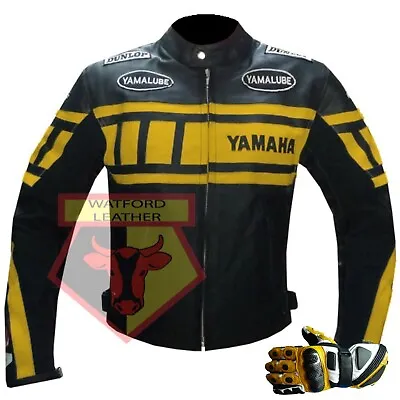 Yamaha Yellow Motorbike Armoured Cowhide Leather Jacket And Matching Gloves • £169.99