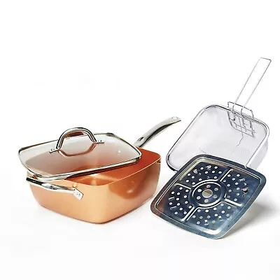 £24.99 • Buy Homiu 4 In 1 Multi Pan Deep Fry Chips Copper Kitchen Basket Glass Lid Bake Food