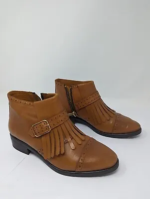Miz Mooz Inuovo Leather Camel Tan Fringe Ankle Bootie Women’s EU 37/US 6.5 • $29.99