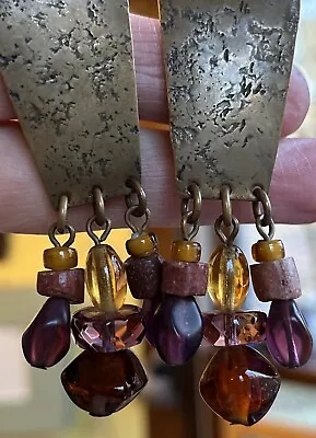 Vintage Marjorie Baer SF Modernist Metal Purple Glass Dangle Drop Clip Earrings • $39.99