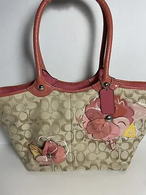 Women's Coach Bleecker Tan/Pink C Signature Jacquard Floral Applique Handbag • $50