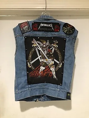 Vintage 80s Metal Band Patch Denim Battle Jacket Vest Lee Sz L Slayer Metallica • $249.99
