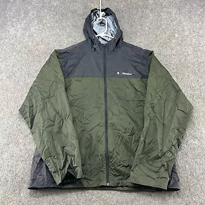 Columbia Jacket Mens Large Green Grey Rain Coat Nylon Hooded Packable Outdoors • $14.95