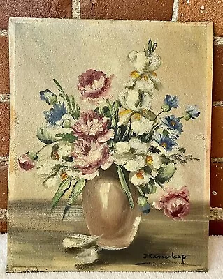 Vintage Listed J E Greenleaf American Still Life With Flowers Oil Painting 1960s • $47.99