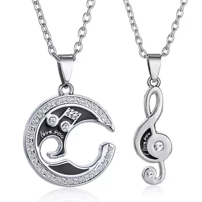  2pcs Set Musical Note And Moon Link Chain Puzzle Pendant Necklace Crystal • £7.48