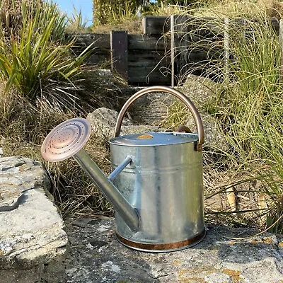 9 Litre Silver & Copper Trim Metal Garden Watering Can With Rose • £22.99