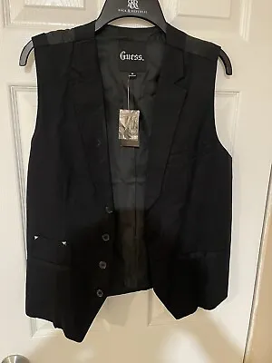  Guess Men's Rocker Vest Black 100% Cotton Lined Steampunk Sz M-Back Design • $22