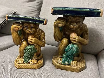 VINTAGE 1950's Pair Of Dimuniutive Monkey Form Ceramic Plant Stands • $450