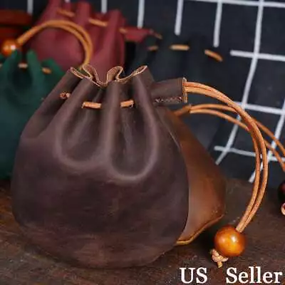 Drawstring Bag Genuine Cow Leather Wallet Coin Pouch Case Purse For Men & Women • $10.02