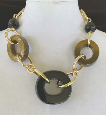 CHICO'S Chunky Lucite Chain Link Statment Faux Tiger Eye Onyx Gold Tone Necklace • $25
