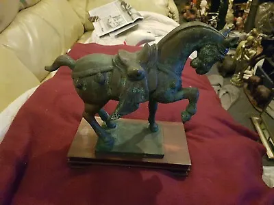 Vintage Chinese Bronze Tang Horse Statue On Wooden Stand • £245