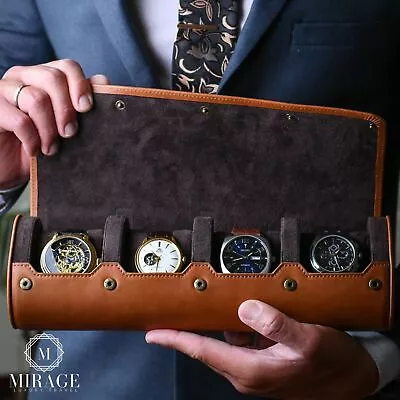 Watch Travel Case Leather - Watch Roll - Watch Case For Men -Black Brown • $69