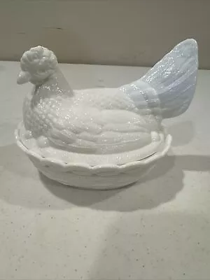 Vintage Milk Glass Large Hen On Nest Woven Basket Bottom Split Tail Hen 9” Long • $18.50