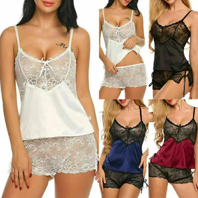 £6.11 • Buy Women Sexy Lace Pyjamas Set See Through Cami Vest Top Shorts Sleepwear Nightwear