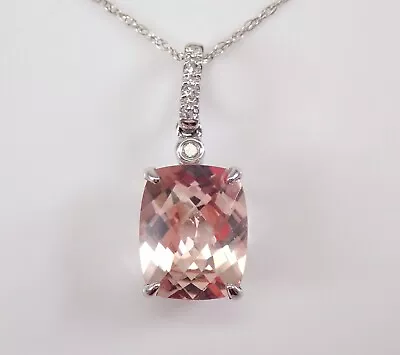 Diamond And Cushion Cut Morganite Pendant White Gold Necklace 18  Chain • $699