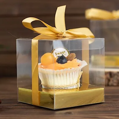12 Clear Metallic Gold 3 In Square Mini Cupcake BOXES Ribbons Party Decorations • $13.05